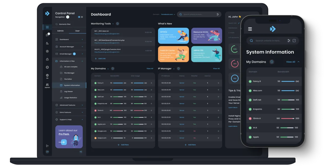Panel de control DirectAdmin para hosting WordPress - gestión de dominios, correo y estadísticas desde un solo lugar