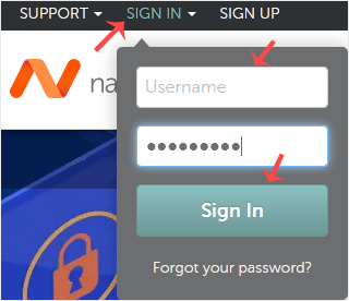 Formulario de inicio de sesión de Namecheap