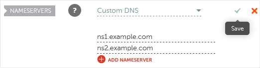 Campos de Custom DNS con los servidores de nombres escritos, listos para guardar