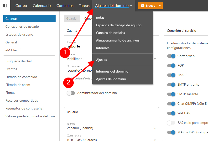 Menú Más con la opción Ajustes en Correo Profesional