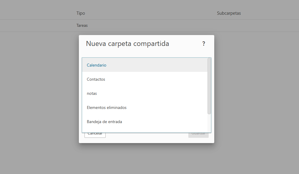 Ventana Nueva carpeta compartida con la lista de carpetas: Calendario, Contactos, notas, Elementos eliminados y Bandeja de entrada